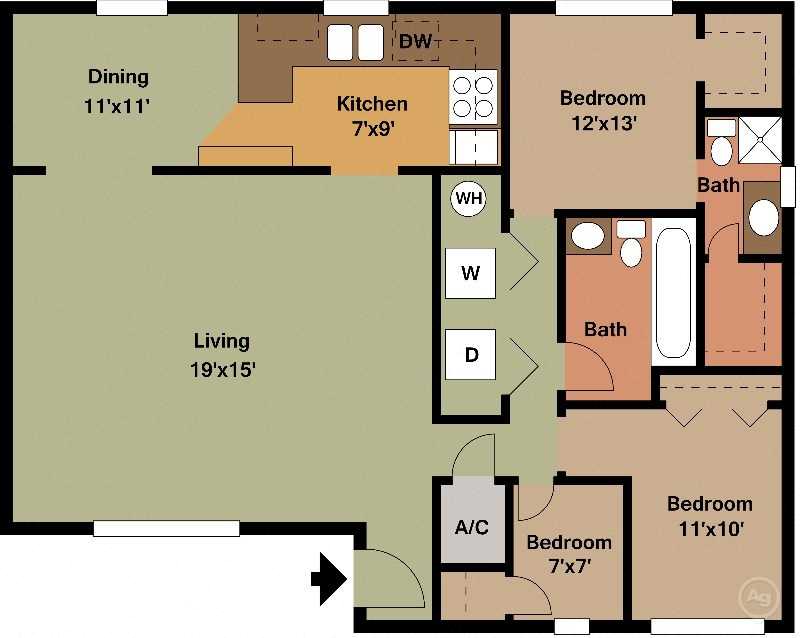 Floor plan for 3 beds, 2 baths, 1280 sqft